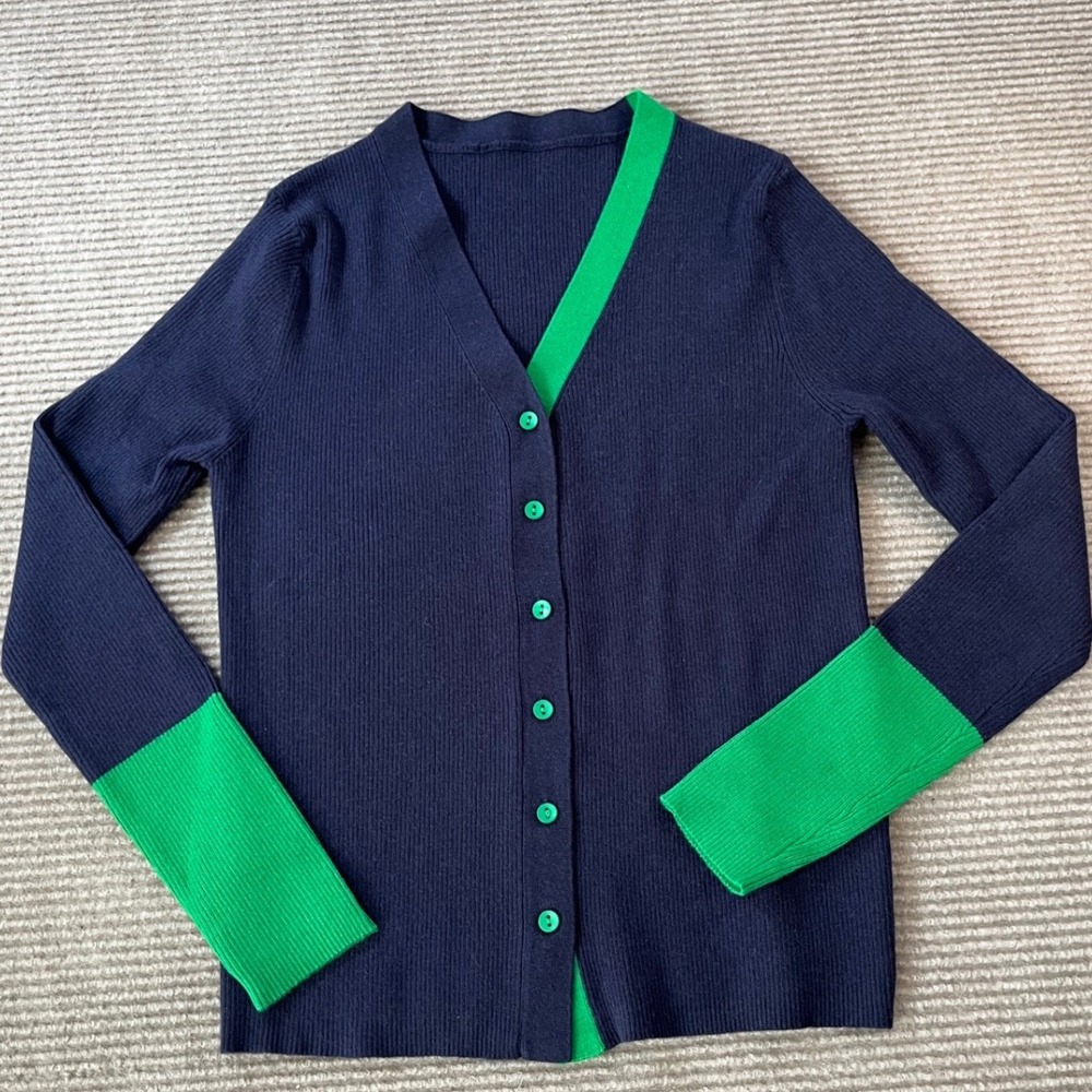 Navy Blue and Kelly Green Colorblock Ribbed V-Neck Button Front Cardigan Sz S
